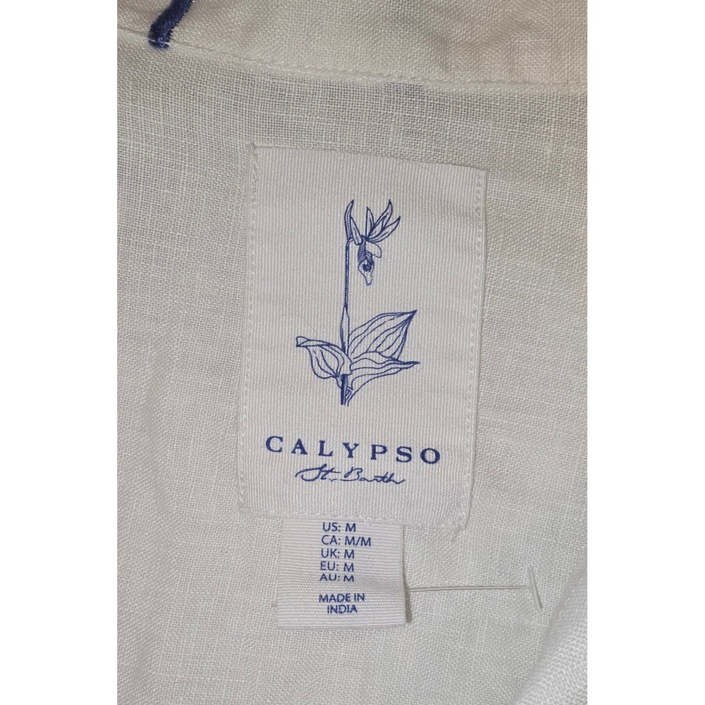 Calypso St Barth White Linen Embroidered Blue Palm Tree Camp Shirt Womens Medium - Picture 5 of 6